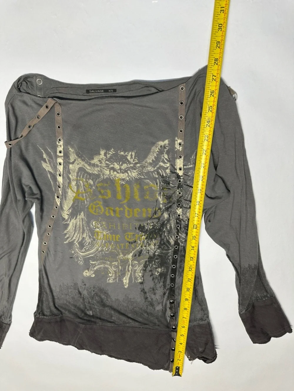 Salvage Y2K Grunge Gray Snap Button Rocker Punk Rivet Thrashed Thin Top XS - Picture 14 of 16